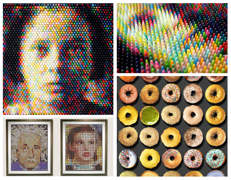 mosaïque d'objets, assemblage de donuts ou de crayons