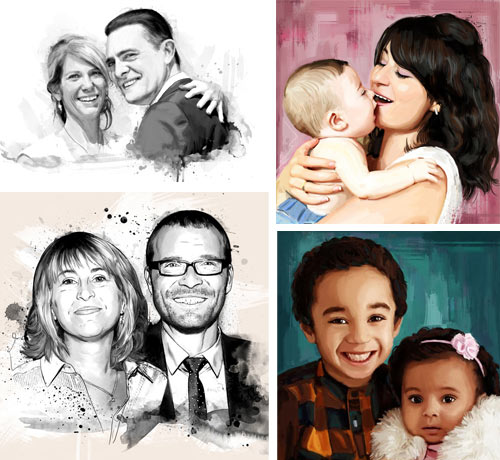Exemple de portraits personnalisés style dessin et peinture
